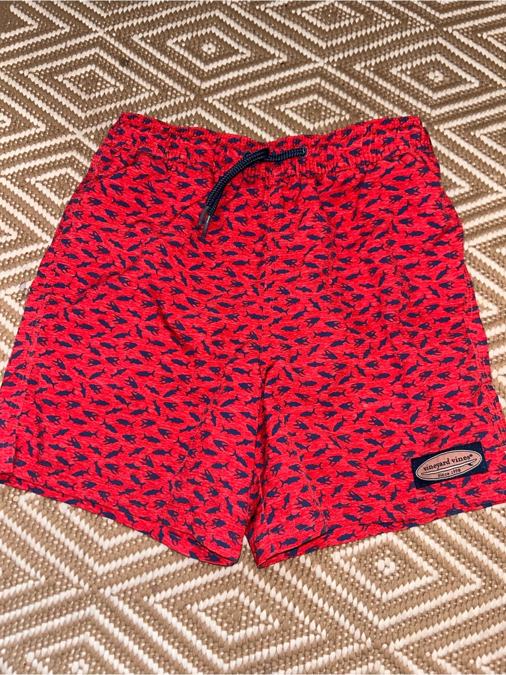 Vineyard Vines Red Swim Shorts with Navy Shark Print
